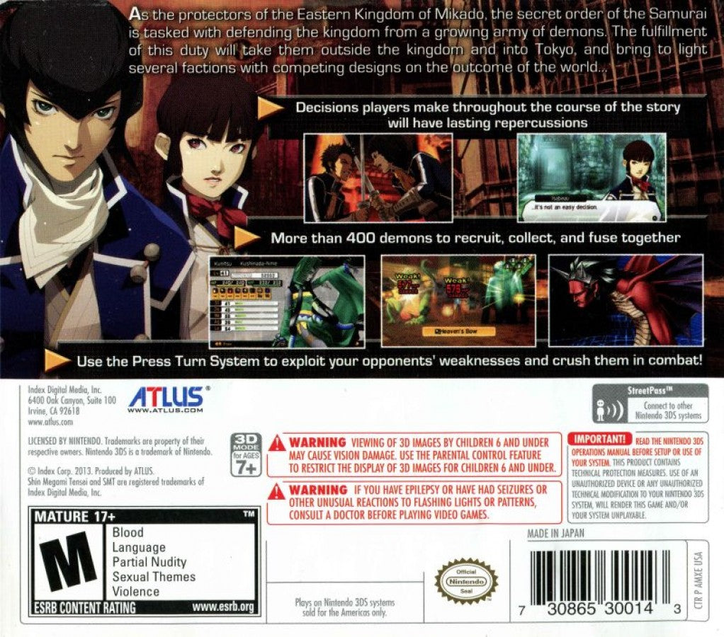 Shin Megami Tensei IV back of case for Nintendo 3DS (3DS) role-playing video game