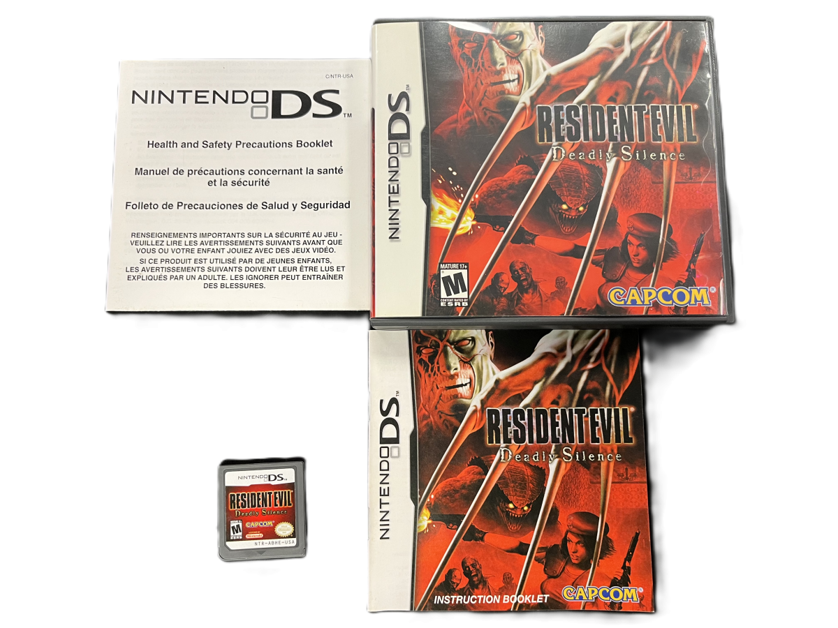 Resident Evil Deadly Silence Nintendo DS DS survival horror video game featuring zombie survival combat exploration eerie environments puzzles inventory management weapons dangerous creatures and classic Resident Evil gameplay enhanced for Nintendo DS DS with touch screen controls collectible manuals and box