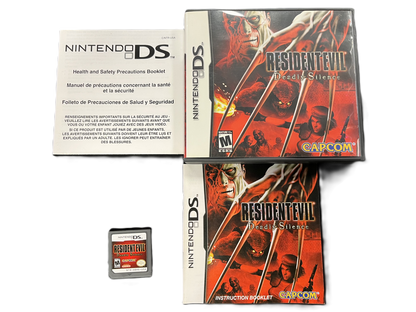 Resident Evil Deadly Silence Nintendo DS DS survival horror video game featuring zombie survival combat exploration eerie environments puzzles inventory management weapons dangerous creatures and classic Resident Evil gameplay enhanced for Nintendo DS DS with touch screen controls collectible manuals and box