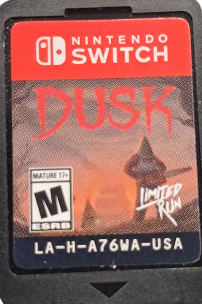 DUSK Nintendo Switch inspired design featuring retro inspired first person shooter aesthetic fast paced combat gothic horror environments relentless enemy encounters classic arena action old school gameplay intensity and atmospheric adventure presentation cartridge