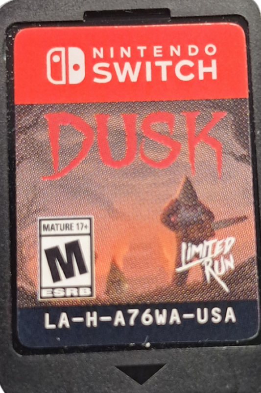 DUSK Nintendo Switch inspired design featuring retro inspired first person shooter aesthetic fast paced combat gothic horror environments relentless enemy encounters classic arena action old school gameplay intensity and atmospheric adventure presentation cartridge
