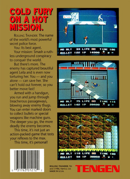 Rolling Thunder Nintendo Entertainment System NES video game featuring side scrolling action shooter gameplay secret agent Albatross enemy combat gun battles hostage rescues enemy base infiltration platforming challenges weapon power ups challenging stages and classic 8 bit Nintendo arcade action retro video game collection collectible gaming appeal back cover art