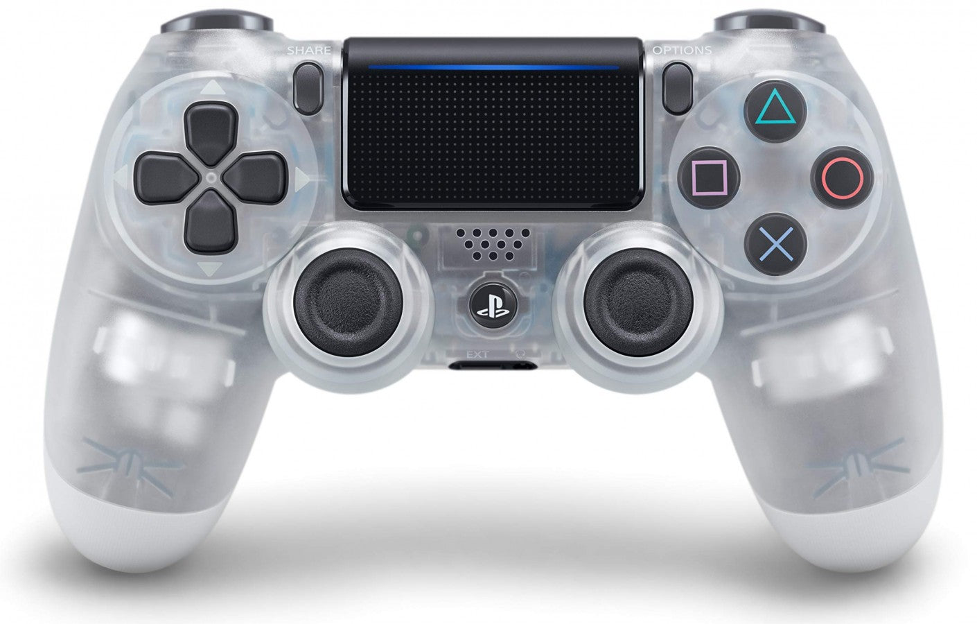 PS4 Dualshock 4 Crystal Controller for PlayStation 4 (PS4) accessory featuring a translucent crystal style shell with the standard Dualshock 4 layout including touchpad light bar and built in rechargeable battery; ideal as a primary or spare controller for PS4 gameplay and compatible titles front of controller model