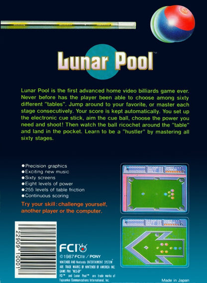 Lunar Pool Nintendo Entertainment System NES for retro video game enthusiasts featuring billiards style puzzle gameplay angled shot mechanics gravity influenced ball physics increasingly complex table layouts precision aiming challenges and classic arcade style sports puzzle action and collectible gaming appeal back art 