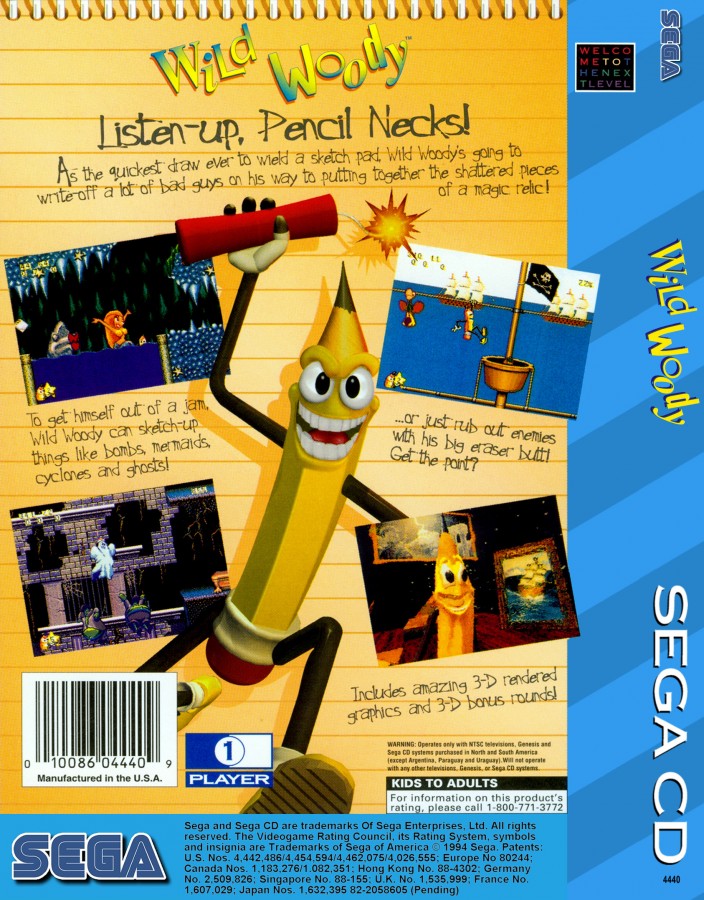 Wild Woody Sega CD platformer action game cartoon style gameplay animated pencil character side scrolling adventure Sega CD classic quirky retro platforming collectible Sega CD software video game title back cover art