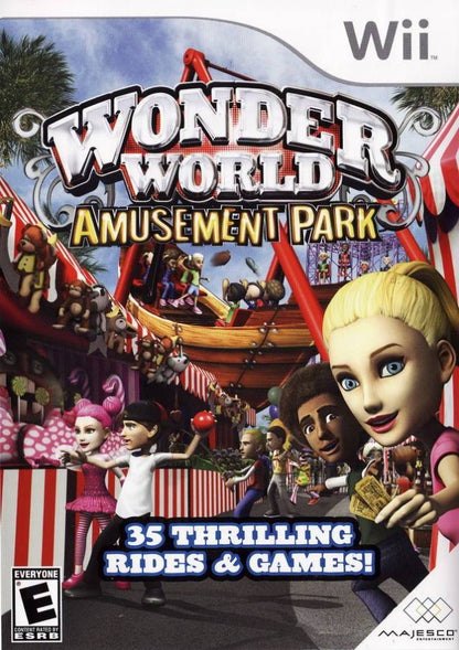 Wonder World Amusement Park cover art for Nintendo Wii (Wii) featuring carnival‑style mini‑games, colorful rides, and family‑friendly attractions in a whimsical theme park setting.