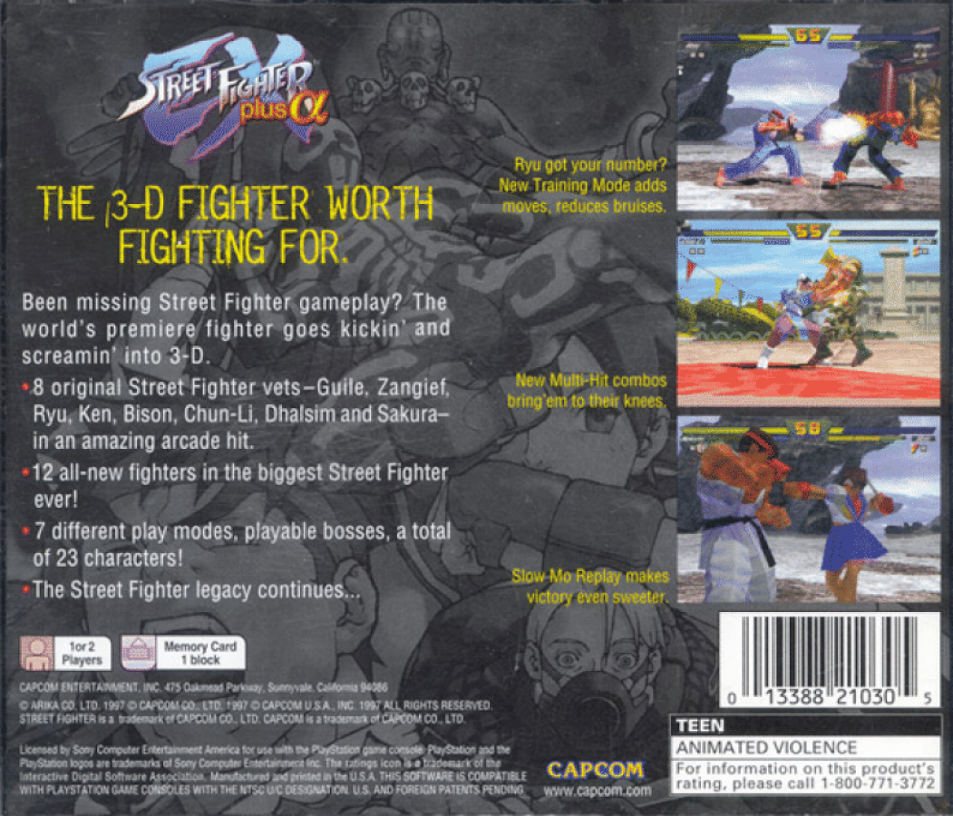 Street Fighter: EX Plus Alpha back of case for PlayStation 1 (PS1) fighting video game