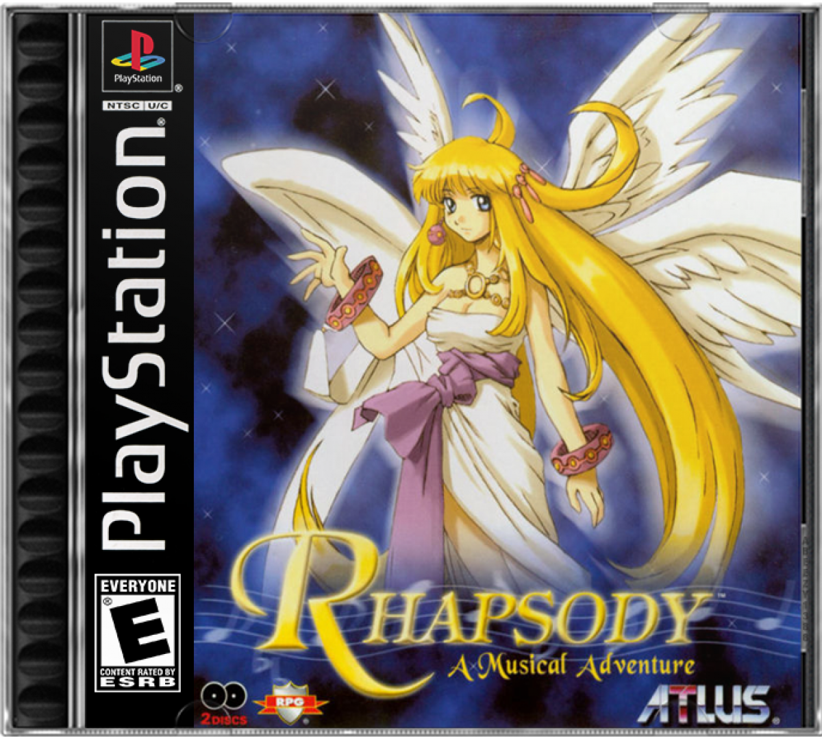 Rhapsody A Musical Adventure PlayStation 1 cover art,  game featuring turn-based RPG gameplay with musical storytelling and anime-style visuals 