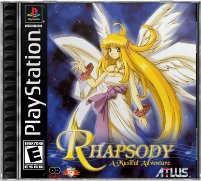 Rhapsody A Musical Adventure PlayStation 1 cover art,  game featuring turn-based RPG gameplay with musical storytelling and anime-style visuals 