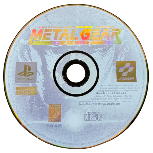 Metal Gear Solid Tactical Espionage Action PlayStation 1 PS1 stealth action video game featuring Solid Snake covert missions enemy infiltration tactical espionage stealth gameplay weapons boss battles cinematic storytelling military environments and classic PlayStation 1 PS1 gameplay collectible retro gaming appeal disc 1