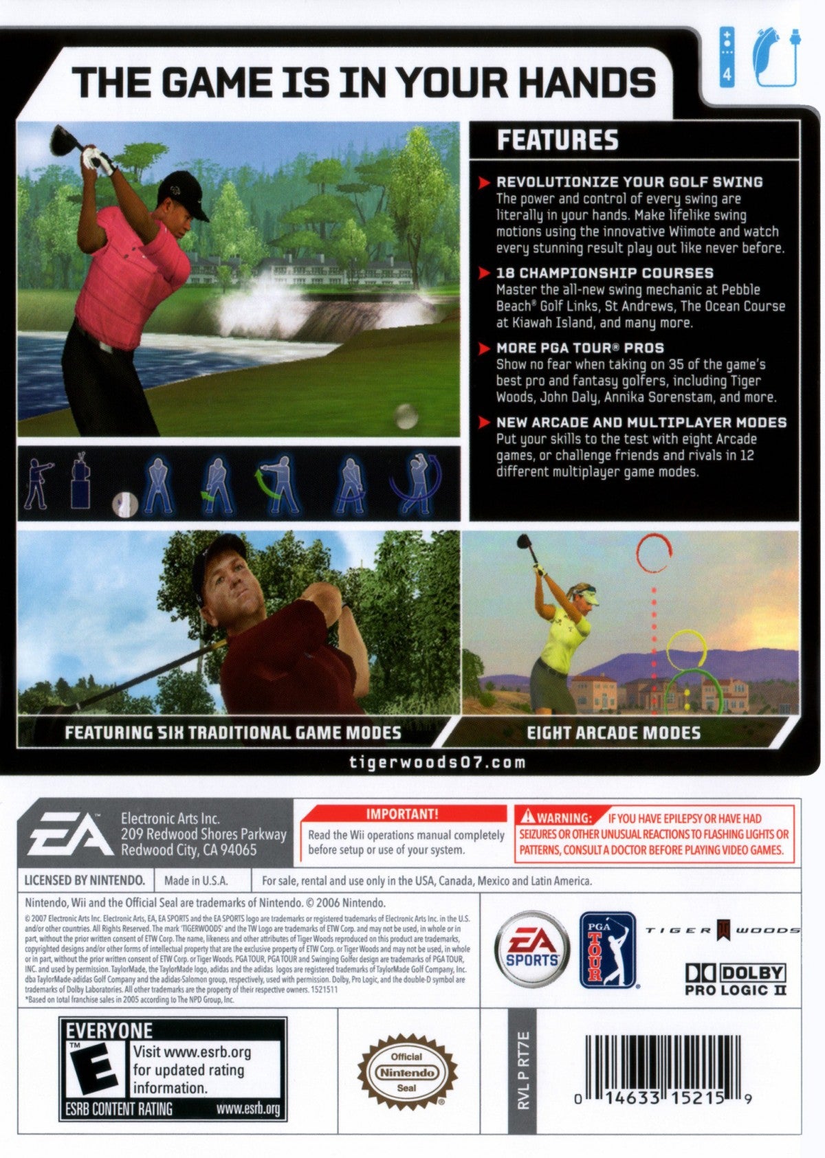 Tiger Woods PGA Tour 2007 Nintendo Wii for golf sports video game fans featuring Tiger Woods PGA Tour gameplay realistic golf courses swing controls motion based gameplay career mode tournament competition multiplayer matches character customization and classic EA Sports gaming collectible appeal back cover art