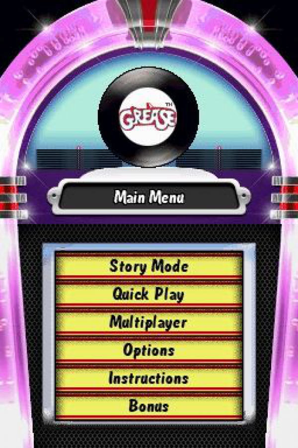Grease start screen for Nintendo DS (DS) musical rhythm party video game