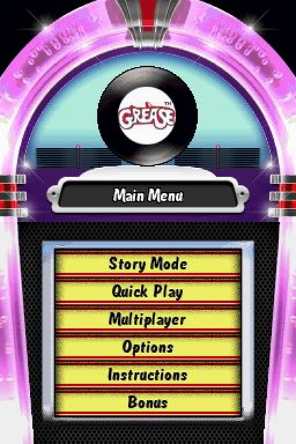 Grease start screen for Nintendo DS (DS) musical rhythm party video game