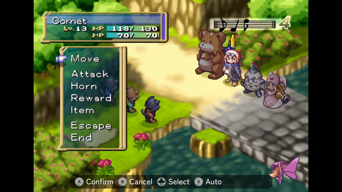 Gameplay for Rhapsody A Musical Adventure PlayStation 1 game featuring turn-based RPG gameplay with musical storytelling and anime-style visuals