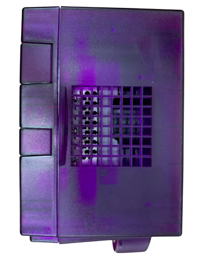 Nintendo GameCube console custom translucent purple edition featuring modified clear shell compact cube design four controller ports memory card slots and collectible retro Nintendo home gaming system side