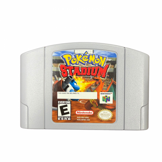 Pokémon Stadium Nintendo 64 N64 for Pokémon battle video game fans featuring 3D Pokémon battles tournament modes mini games Gym Leader Castle rental Pokémon multiplayer competitions and classic Nintendo 64 gameplay collectible retro gaming appeal front of cartridge