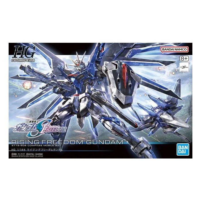 STTS-909 Rising Freedom Gundam Gundam SEED Freedom Bandai Hobby HGCE 1/144 scale model kit inspired design featuring detailed mecha construction aesthetic advanced mobile suit design articulated armor components futuristic weapon systems dynamic flight capabilities collectible plastic model building and anime inspired display presentation