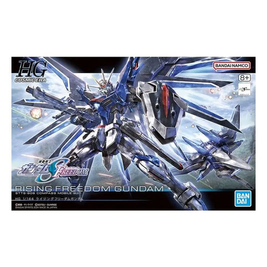 STTS-909 Rising Freedom Gundam Gundam SEED Freedom Bandai Hobby HGCE 1/144 scale model kit inspired design featuring detailed mecha construction aesthetic advanced mobile suit design articulated armor components futuristic weapon systems dynamic flight capabilities collectible plastic model building and anime inspired display presentation