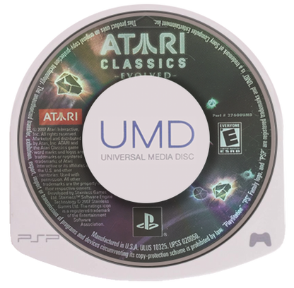 Atari Classics Evolved PlayStation Portable PSP for retro video game fans featuring classic Atari arcade games updated versions enhanced visuals timeless arcade gameplay space shooters action puzzles nostalgic gaming collection handheld entertainment collectible gaming appeal UMD disc