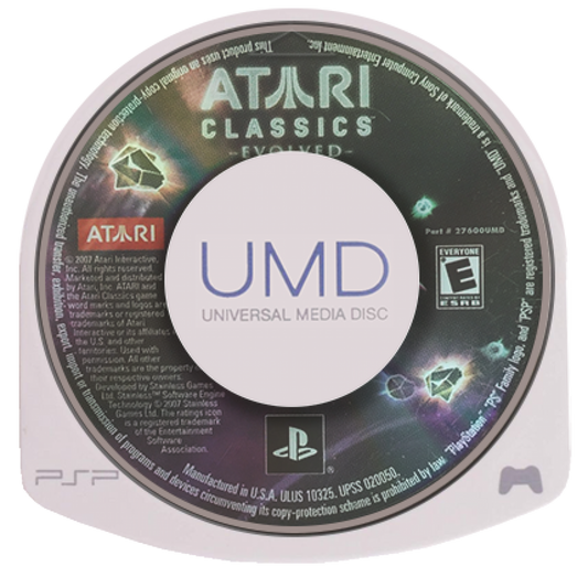 Atari Classics Evolved PlayStation Portable PSP for retro video game fans featuring classic Atari arcade games updated versions enhanced visuals timeless arcade gameplay space shooters action puzzles nostalgic gaming collection handheld entertainment collectible gaming appeal UMD disc