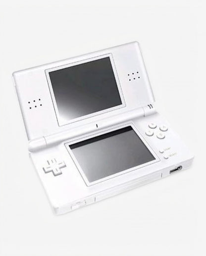 Nintendo DS Lite White handheld gaming console featuring classic white design dual screens touchscreen controls stylus input foldable clamshell form factor Game Boy Advance game compatibility Nintendo DS games wireless multiplayer portable gaming and iconic Nintendo handheld gaming appeal
