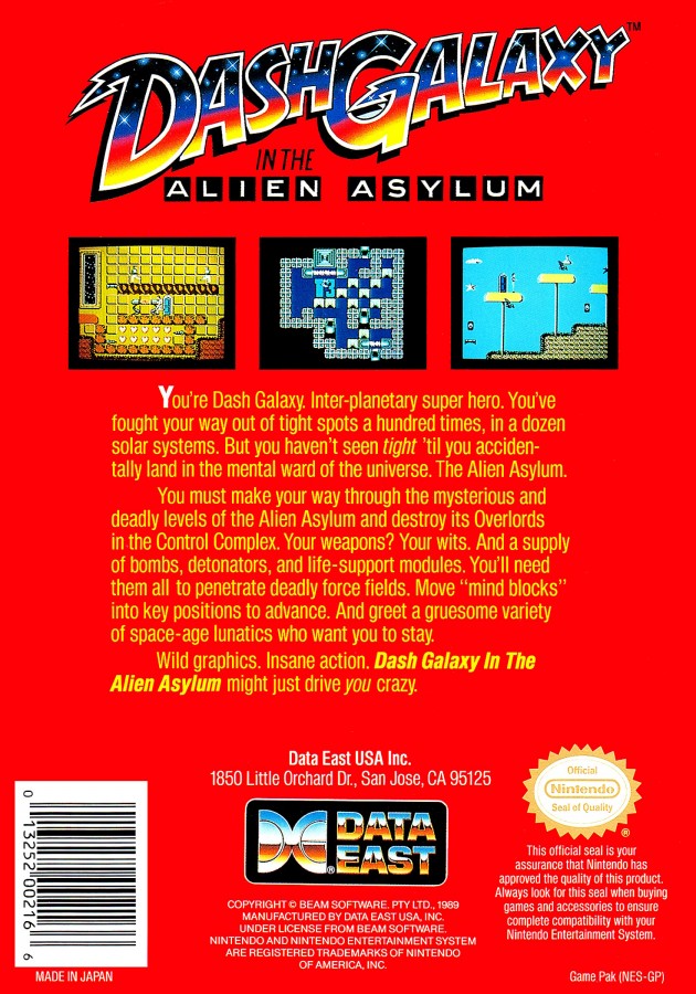 Dash Galaxy in the Alien Asylum Nintendo Entertainment System NES video game featuring sci fi platforming gameplay alien planet exploration maze navigation obstacle courses enemy encounters space adventure and classic 8 bit action retro video game collection collectible gaming appeal back cover art