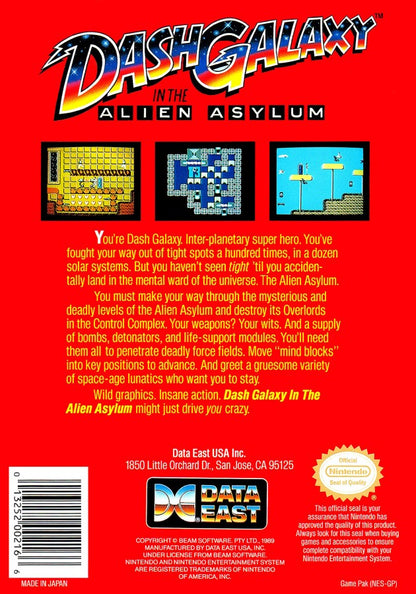 Dash Galaxy in the Alien Asylum Nintendo Entertainment System NES video game featuring sci fi platforming gameplay alien planet exploration maze navigation obstacle courses enemy encounters space adventure and classic 8 bit action retro video game collection collectible gaming appeal back cover art