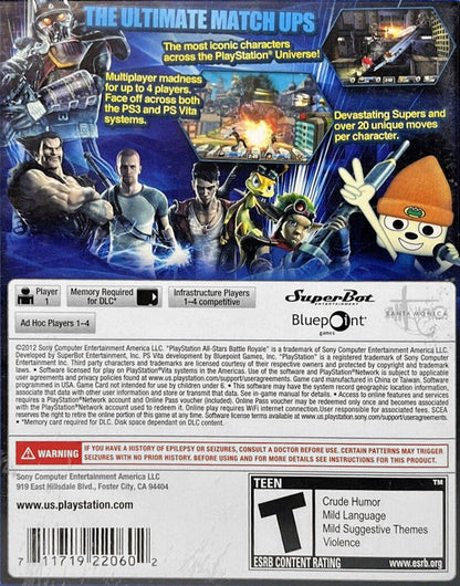 PlayStation All-Stars Battle Royale for PlayStation Vita (PSV) at Gamers INC, featuring the ultimate cross-over fighter where you battle as iconic characters like Kratos, Nathan Drake, and Sly Cooper through dynamic arenas that mash up Sony’s most famous franchises, with unique Super Attacks and cross-play compatibility for handheld brawling on the go back cover