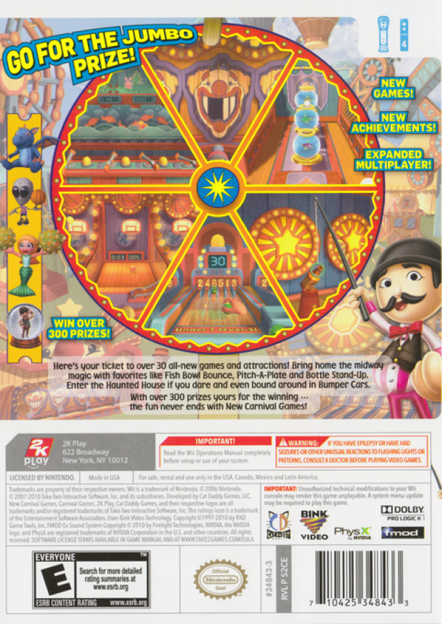 New Carnival Games Nintendo Wii video game, party mini-games, family-friendly gameplay, motion-controlled fun, Wii console title back cover