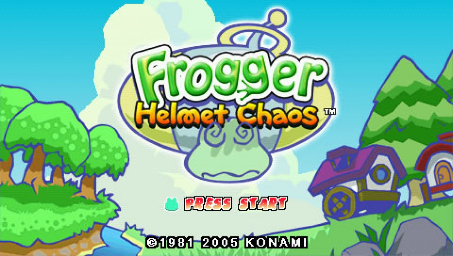 Frogger Helmet Chaos title page for PlayStation Portable (PSP) action platformer video game