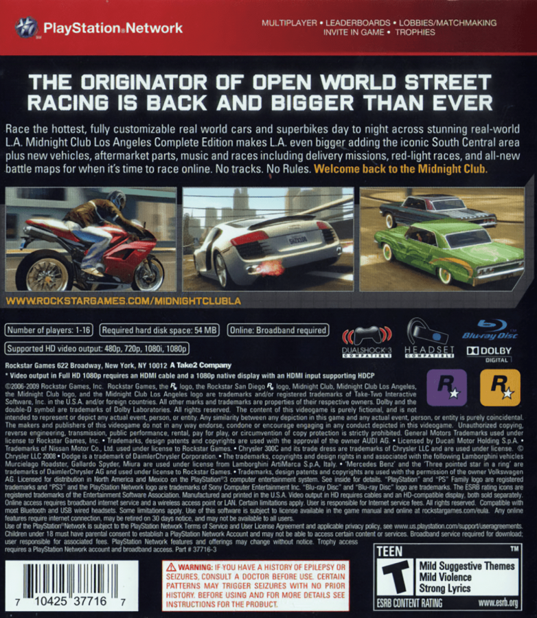 Midnight Club: Los Angeles [Complete Edition] back cover art for PlayStation 3 (PS3) video game