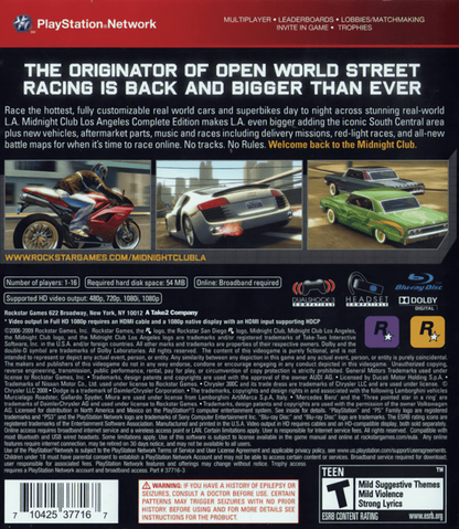 Midnight Club: Los Angeles [Complete Edition] back cover art for PlayStation 3 (PS3) video game