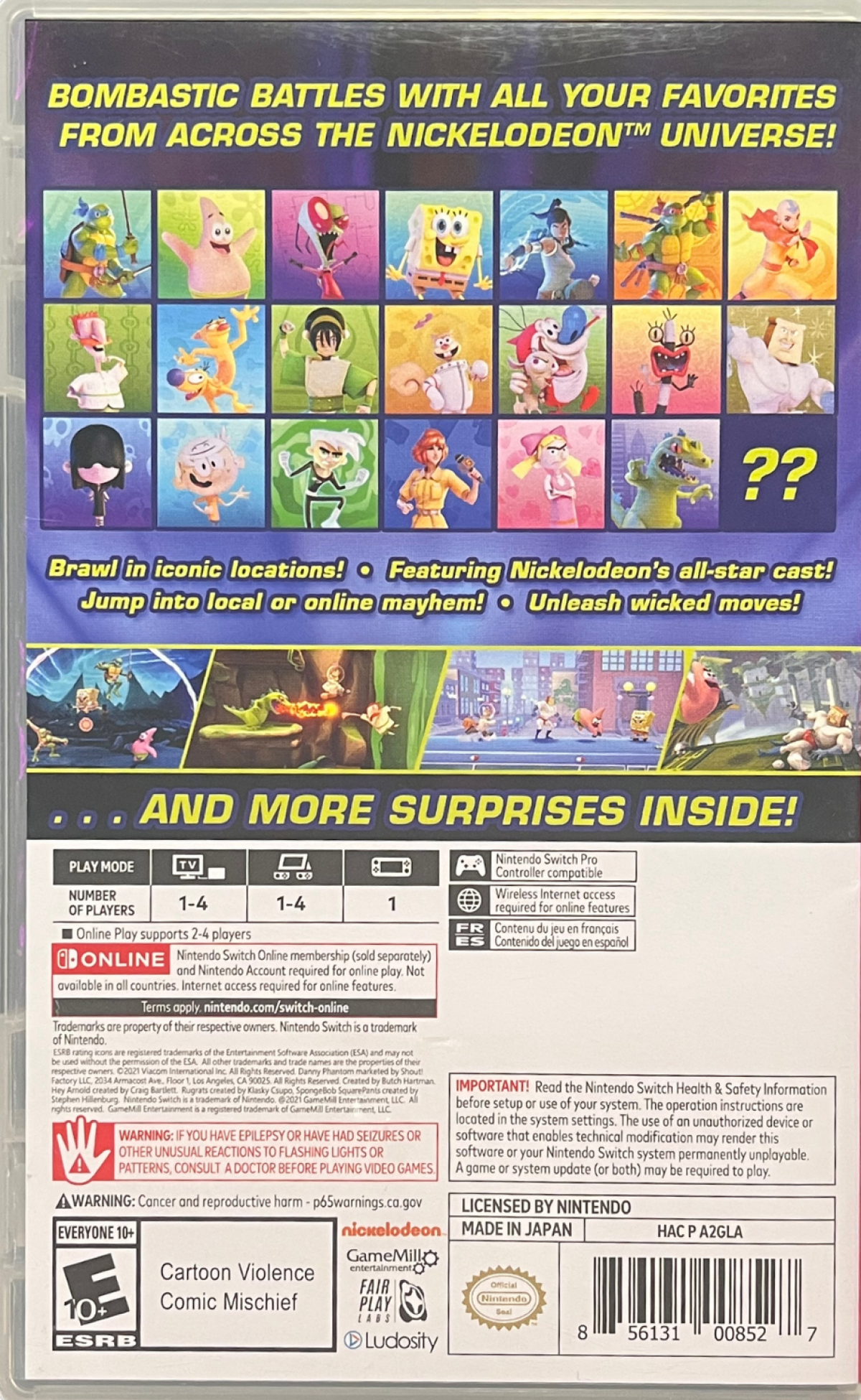 Nickelodeon All Star Brawl Nintendo Switch for retro video game enthusiasts featuring platform fighting gameplay iconic Nickelodeon character roster competitive arena battles combo based combat fast paced multiplayer matches and collectible gaming appeal back art 