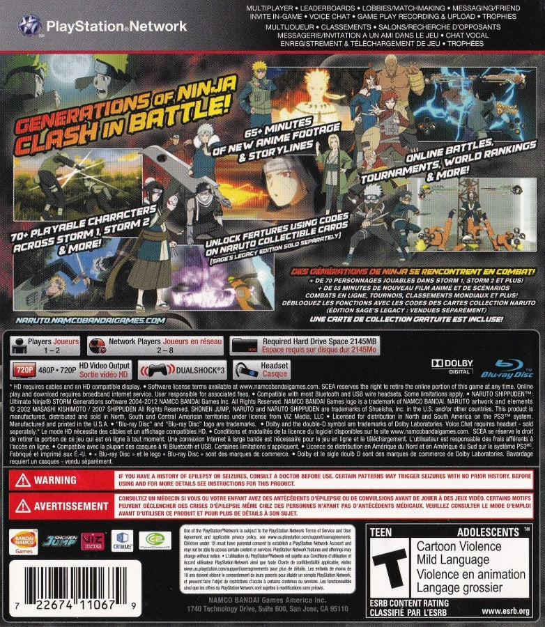 Naruto Shippuden: Ultimate Ninja Storm Generations back cover art for PlayStation 3 (PS3) video game