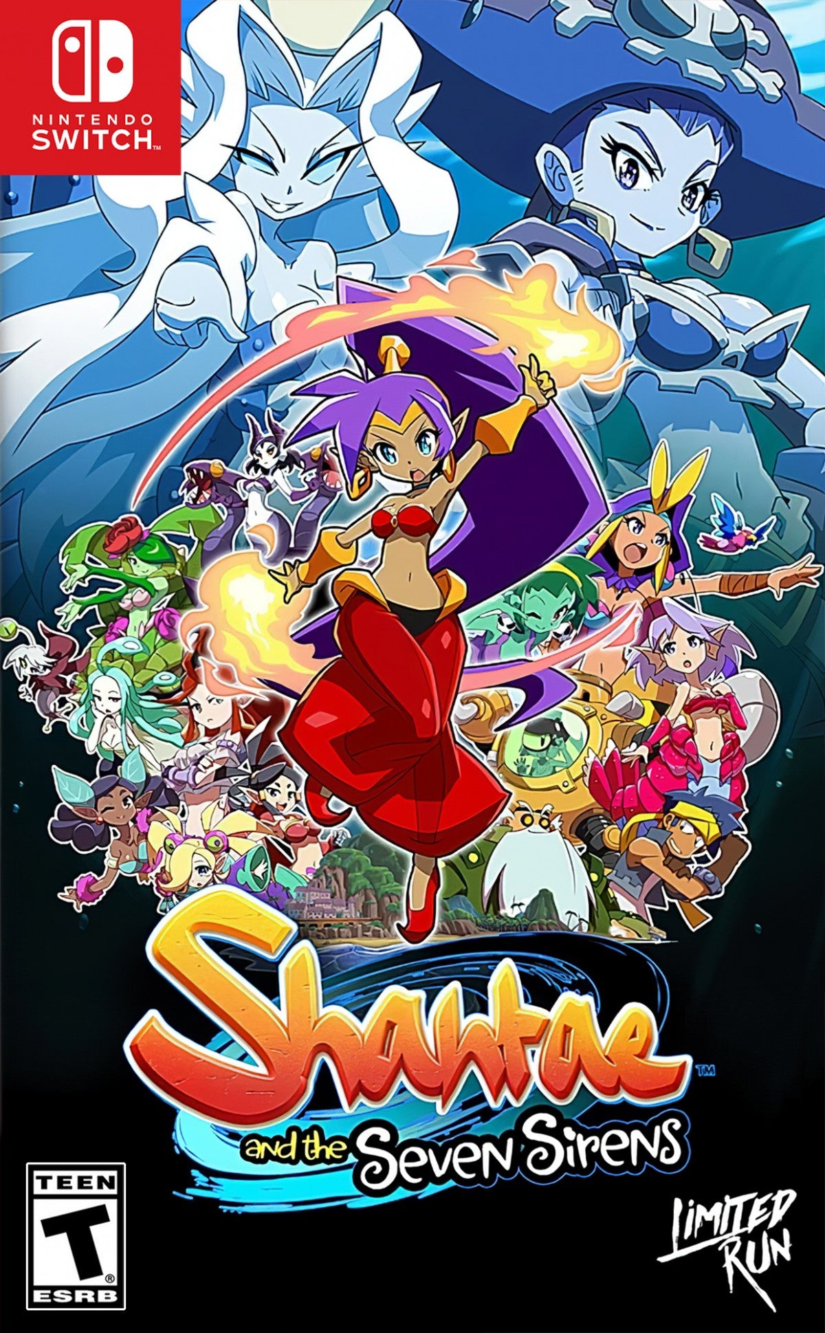 Shantae and the Seven Sirens Nintendo Switch game featuring vibrant platforming, magic abilities, and Metroidvania-style adventure gameplay front cover