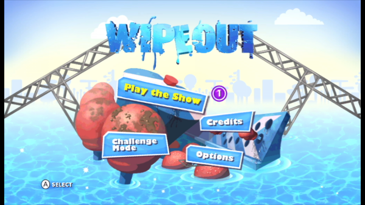 Wipeout: The Game title screen for Nintendo Wii (Wii) featuring obstacle course challenges inspired by the TV show, motion‑controlled gameplay, and hilarious wipeout moments.