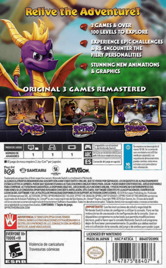 Spyro: Reignited Trilogy – Nintendo Switch (NS) back of box for video game for NS