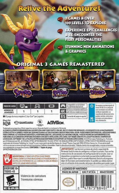 Spyro: Reignited Trilogy – Nintendo Switch (NS) back of box for video game for NS