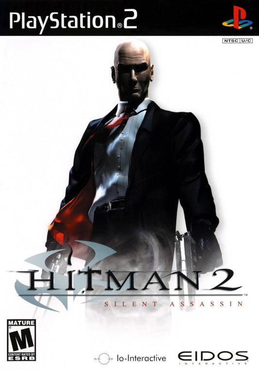 Hitman 2 Silent Assassin game for the PlayStation 2 featuring stealth action gameplay with open ended missions disguises and tactical assassinations as Agent 47 across international locations front cover