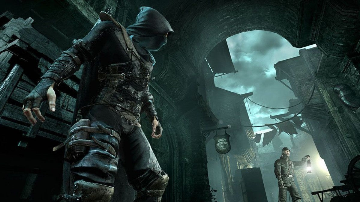 Thief Xbox One stealth action game master thief Garrett shadowy City supernatural abilities stealth mechanics first-person perspective dark Gothic Victorian setting focus abilities various arrow types lockpicking loot stealing multiple difficulty modes including Iron Man single player gameplay