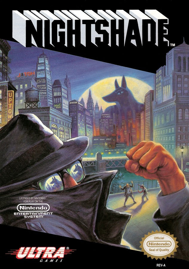 Nightshade Nintendo Entertainment System inspired design featuring classic action adventure gameplay aesthetic comic book inspired crime fighting hero mystery solving challenges side scrolling exploration retro 8 bit gaming atmosphere nostalgic NES presentation front cover