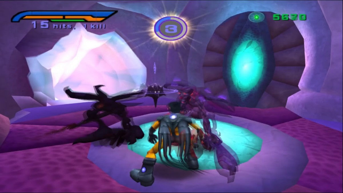 Alter Echo for PlayStation 2 (PS2) featuring a sci fi action adventure where you switch between three bio suit forms to solve puzzles and fight enemies; use fast melee and ranged combat explore alien environments and adapt your abilities to overcome challenges on PS2 gameplay screenshot