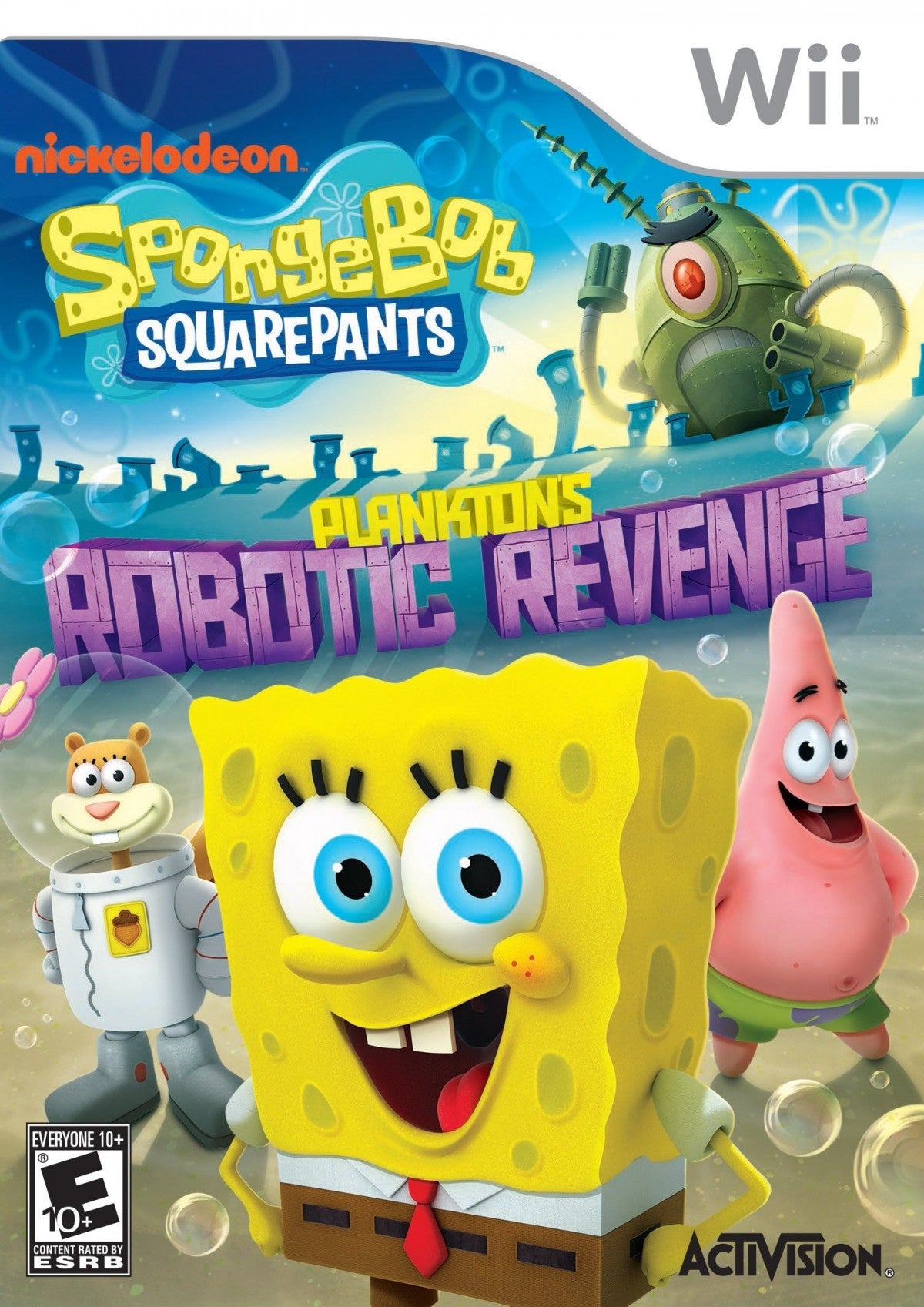 SpongeBob SquarePants Plankton's Robotic Revenge Nintendo Wii for action adventure video game fans featuring SpongeBob and Bikini Bottom characters robotic enemies third person shooting gameplay cooperative multiplayer colorful environments cartoon humor and family friendly adventure collectible gaming appeal cover art