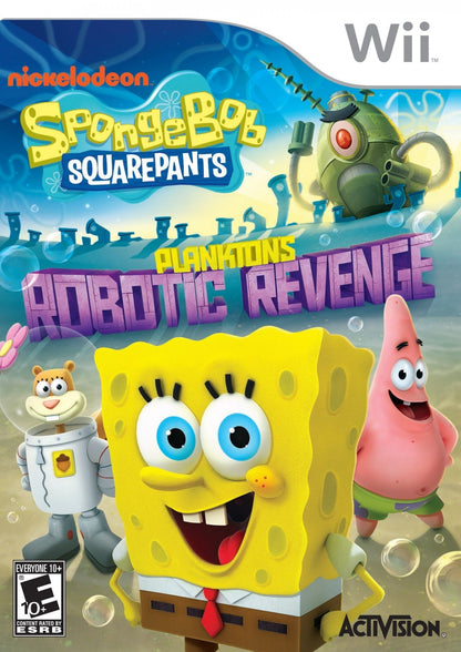 SpongeBob SquarePants Plankton's Robotic Revenge Nintendo Wii for action adventure video game fans featuring SpongeBob and Bikini Bottom characters robotic enemies third person shooting gameplay cooperative multiplayer colorful environments cartoon humor and family friendly adventure collectible gaming appeal cover art