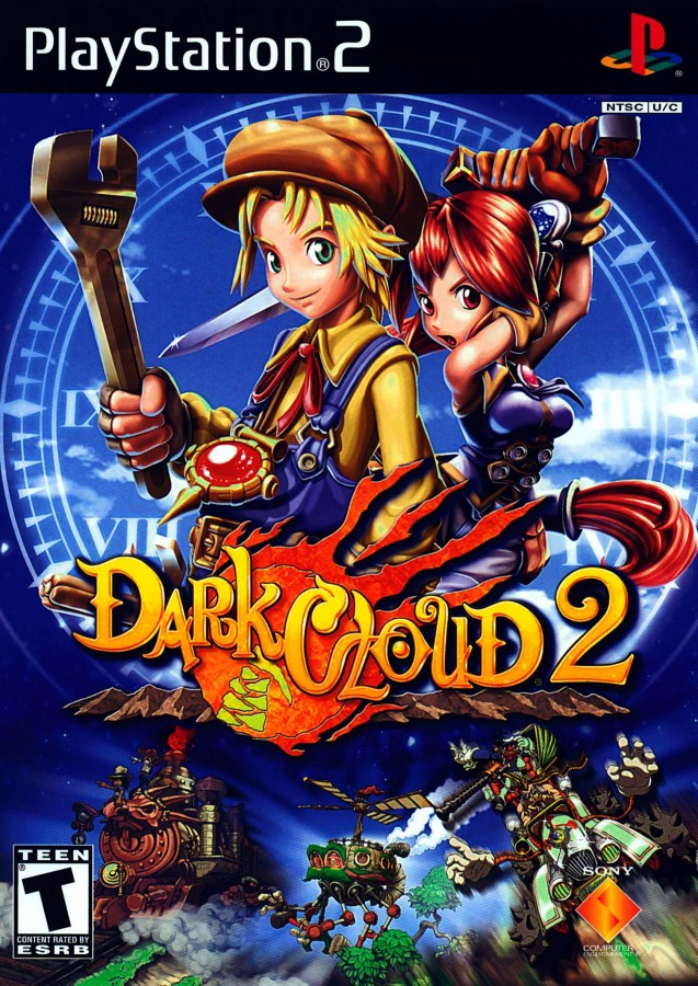 Dark Cloud 2 for PlayStation 2 action RPG adventure game featuring dungeon crawling weapon building town creation cel shaded fantasy story gameplay front cover 