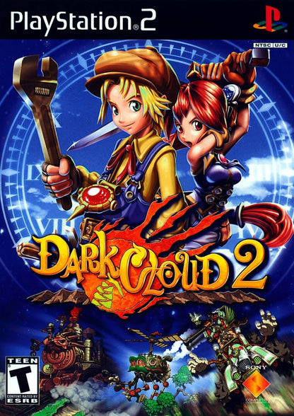 Dark Cloud 2 for PlayStation 2 action RPG adventure game featuring dungeon crawling weapon building town creation cel shaded fantasy story gameplay front cover 