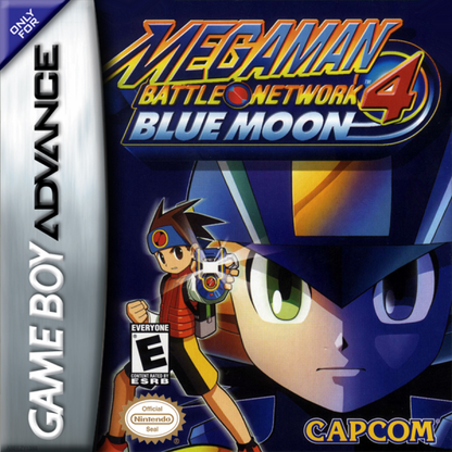MegaMan Battle Network 4 Blue Moon cartridge for the Game Boy Advance featuring action RPG gameplay with real time grid based battles chip customization story driven missions and MegaMan battling cyber threats in a futuristic world cover art