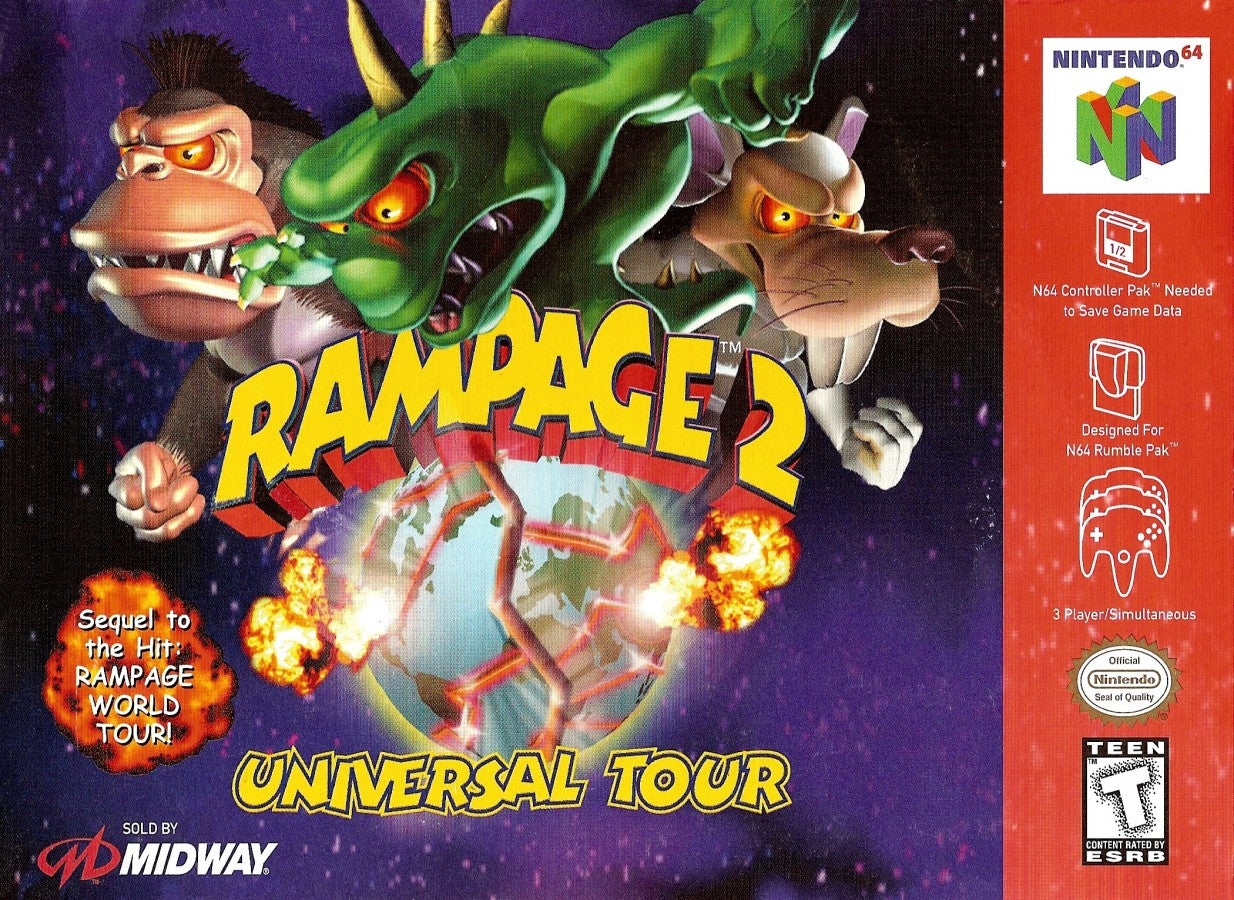 Rampage 2 Universal Tour cartridge for the Nintendo 64 featuring arcade style destruction gameplay with giant monsters smashing cities battling enemies and multiplayer chaos across global locations cover art