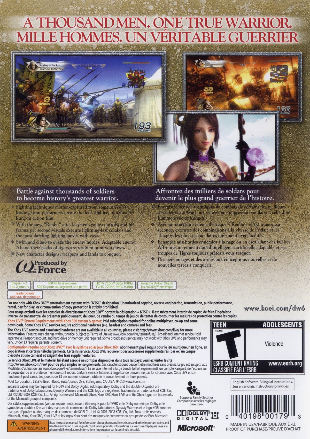 Dynasty Warriors 6 Xbox 360 game featuring large scale hack and slash combat historical Three Kingdoms storyline playable officers Musou attacks open battlefield maps and fast paced action gameplay by Koei gameplay back cover art 