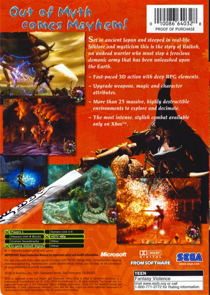Otogi Myth of Demons Xbox action adventure video game featuring Raikou fast-paced sword combat supernatural enemies powerful attacks dark fantasy environments intense battles destructive gameplay and classic original Xbox gaming collectible retro gaming appeal back cover art